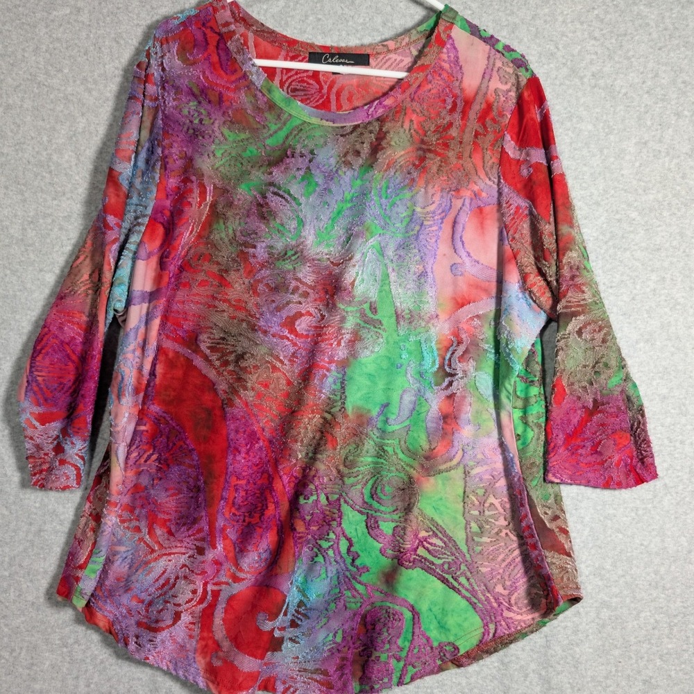 Calessa Tunic Blouse Womens 1X Multicolor Abstract Velvet Burnout 3/4 Sleeve